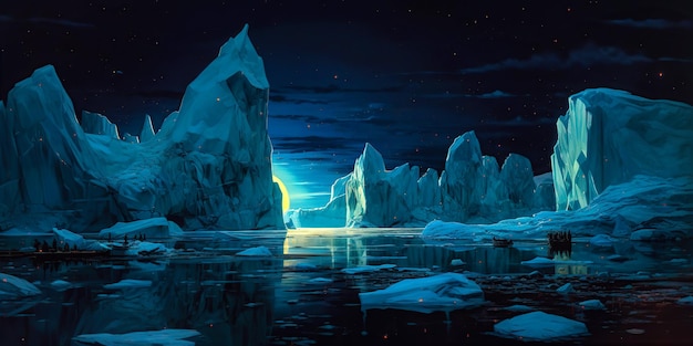 Una pintura de icebergs con la luna de fondo.