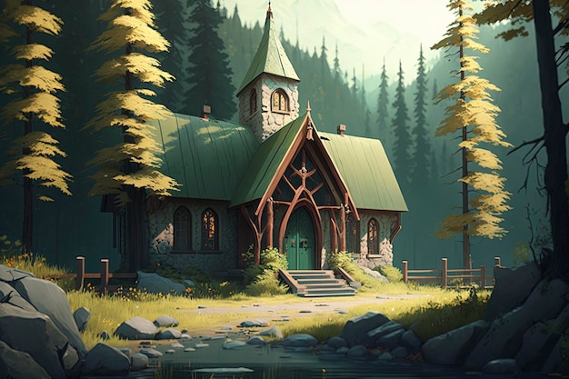 Una pintura de una iglesia en un bosque