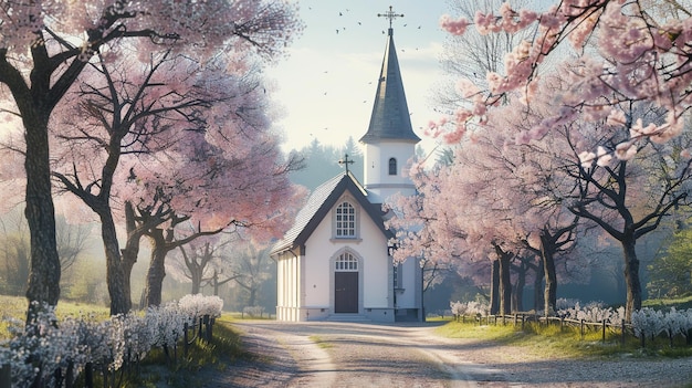 Pintura de la iglesia de campo serena con árboles en flor