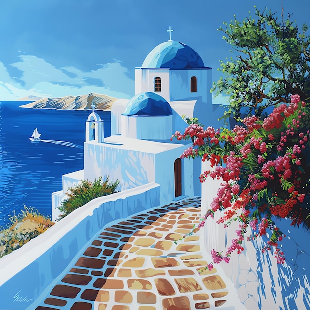 una pintura de una iglesia con una cúpula azul en la parte superior