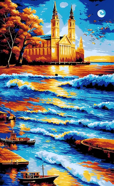 Una pintura de una iglesia junto al mar.