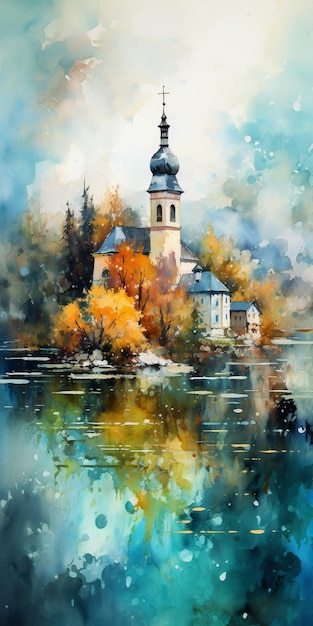 Pintura de una iglesia en una pequeña isla en el medio de un lago generativo ai
