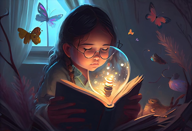 Pintura de ilustración de una niña leyendo un libro y una bombilla grande Generar Ai