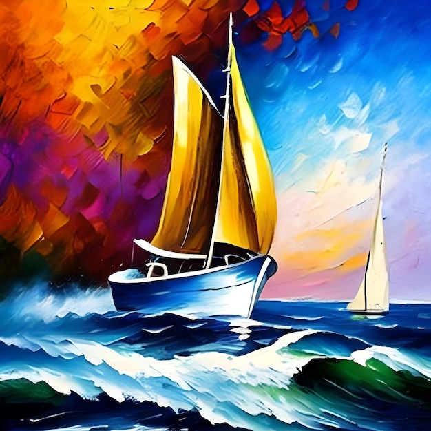 pintura de ilustración o pintura al óleo sobre lienzo velero contra un fondo de mar