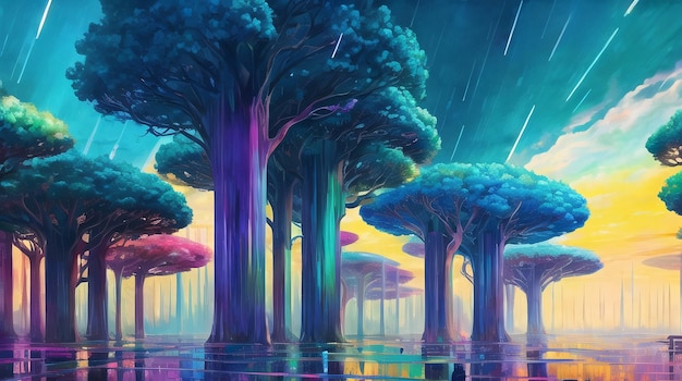 Pintura de ilustración de paisaje de día lluvioso ilustraciones generadas por ai para pintura mural de redes sociales