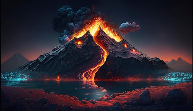 Pintura de ilustración del paisaje nocturno con volcán y lava ardiente Erupción del volcán paisaje de fantasía Ilustración 3D Generar Ai