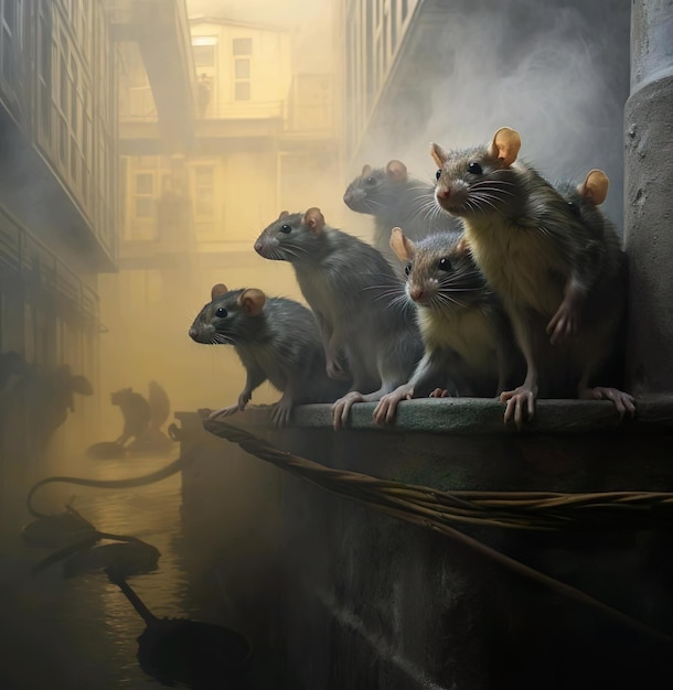 Una pintura de ilustración de una rata de un grupo de roedores