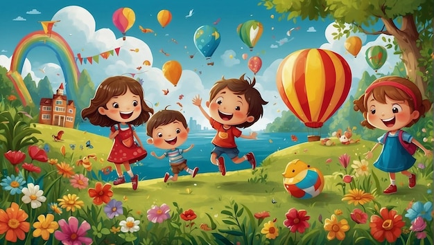 Pintura ilustrada de três crianças correndo em um parque com balões ao fundo