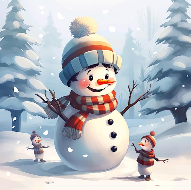 Pintura ilustrativa de boneco de neve e 2 pequenos bonecos de neve com fundo de árvore