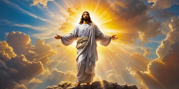 Foto pintura ilustrativa de jesus cristo ressuscitado ascendendo ao céu acima do céu claro e brilhante