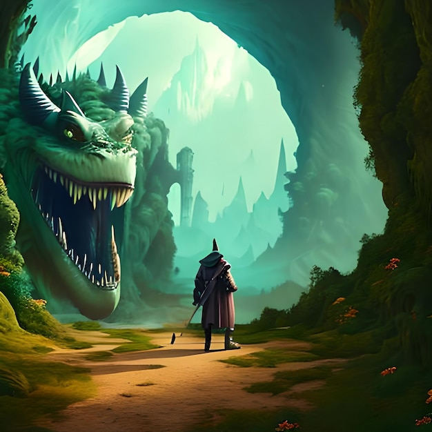 pintura ilustrativa de un hombre que camina hacia una tierra misteriosa con un monstruo frente a la entrada