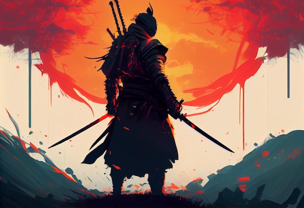 Pintura ilustrativa Um samurai com uma katana está pronto para lutar contra um enorme exército Gerar Ai