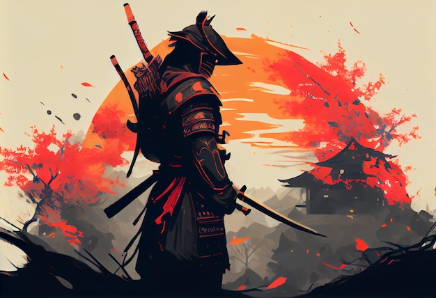 Pintura ilustrativa Um samurai com uma katana está pronto para lutar contra um enorme exército Gerar Ai