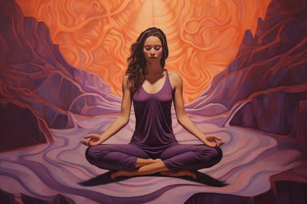Una pintura impresionante que captura la serenidad de una mujer sentada en posición de loto haciendo yoga en una estera generada por IA