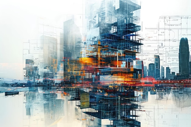 Una pintura impresionante que muestra una ciudad bulliciosa con una multitud de rascacielos imponentes. Una ciudad futurista en construcción yuxtapuesta sobre planos generados por IA.