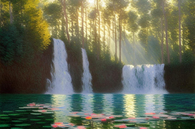 pintura impresionista de cascadas de baja altura y un lago con bosque de nenúfares