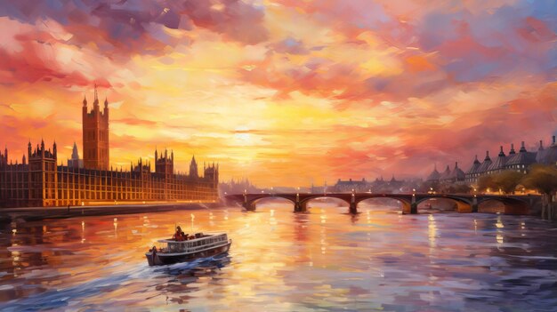 Pintura impresionista colorida del Big Ben junto al río