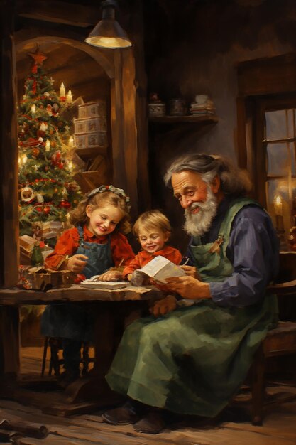 pintura impresionista de una familia anticuada de Navidad