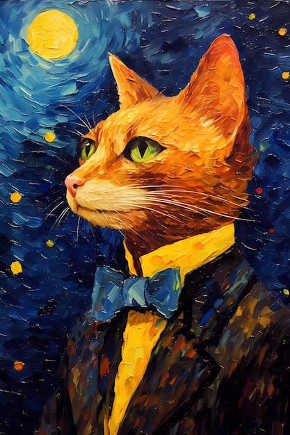 Una pintura impresionista de un gato elegante en estilo van gogh.