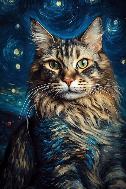 Una pintura impresionista de un gato maine coon en estilo van gogh