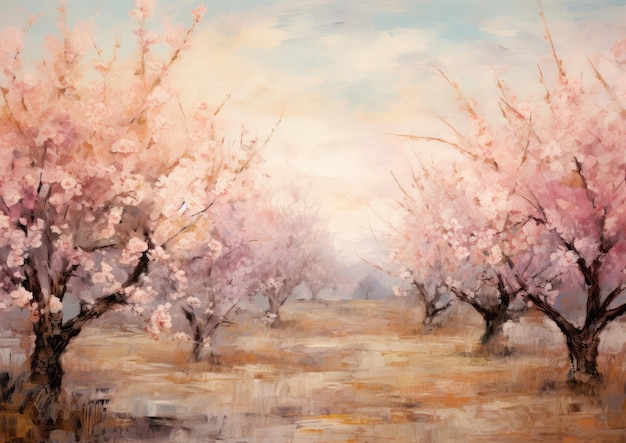 Una pintura impresionista de un huerto de melocotones en plena floración con los suaves tonos de melecón y rosa