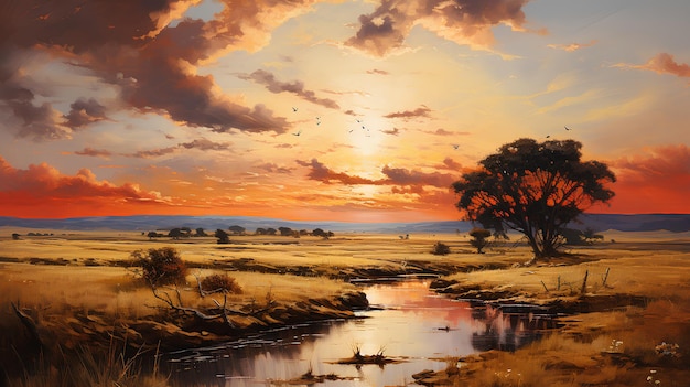 una pintura impresionista de un paisaje en los campos del medio oeste con una fuerte neblina de óxido amarillo