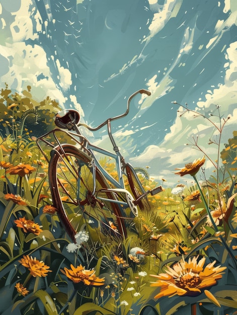 una pintura de un insecto y flores con un fondo de cielo