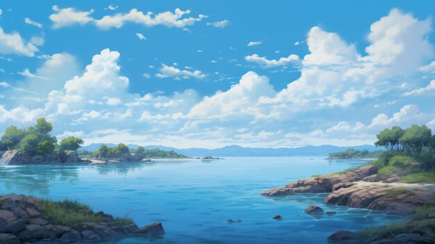 Pintura inspirada em anime de um lago calmo em uma paisagem costeira animada