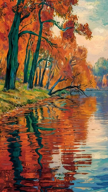 Una pintura inspirada en Van Gogh que muestra una serena orilla del lago durante el otoño