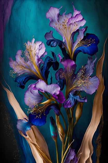 Una pintura de un iris azul con flores doradas y moradas.