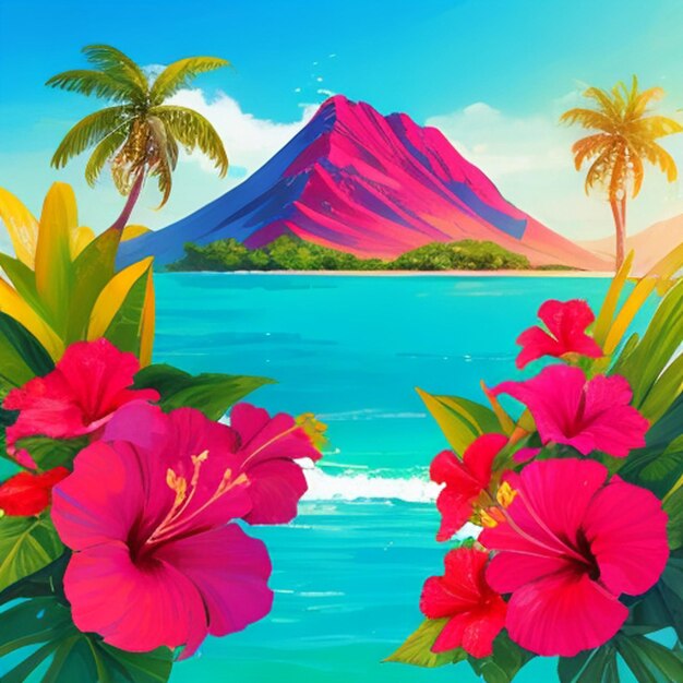 Foto una pintura de una isla tropical con palmeras y montañas en el fondo.