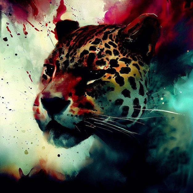 Una pintura de un jaguar con un fondo negro y amarillo.