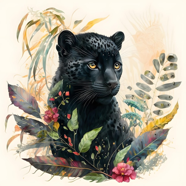 Una pintura de un jaguar negro con hojas y flores tropicales.