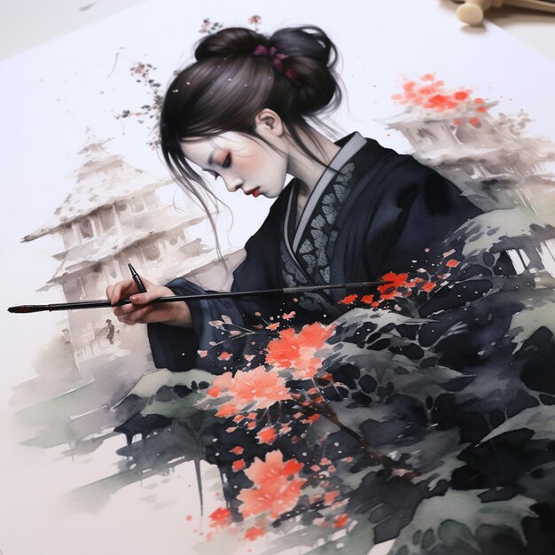 Pintura japonesa em preto e branco com tinta de paisagem japonesa