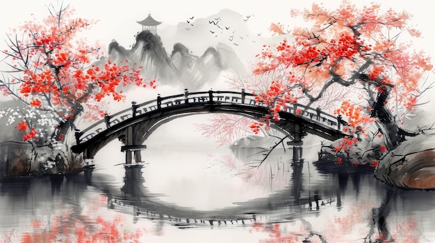 Pintura japonesa de un puente semicircular en un jardín lleno de flores Imagen generada por IA