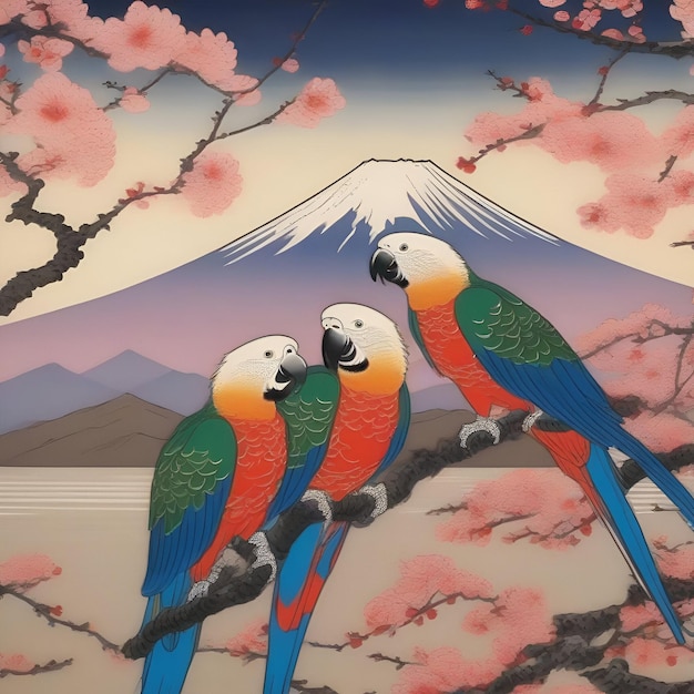 Pintura japonesa de ukiyoe de loros con flores de cerezo y montaña