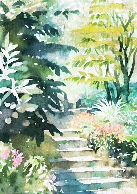 Pintura de jardín de acuarela