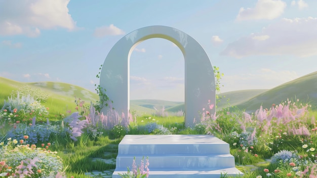 Pintura de jardín con arco blanco