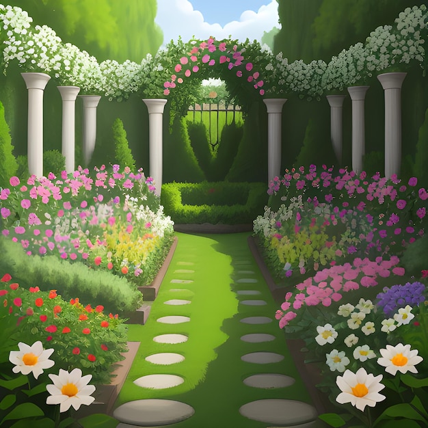 Una pintura de un jardín con un camino de jardín y columnas con flores en él.