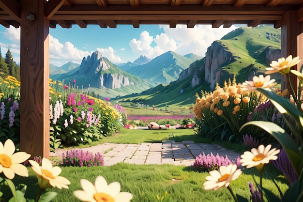 Una pintura de un jardín con flores y montañas al fondo.