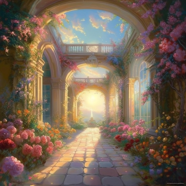 Una pintura de un jardín con flores.