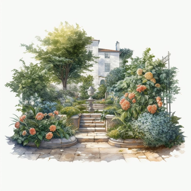 Una pintura de un jardín con una fuente y flores.