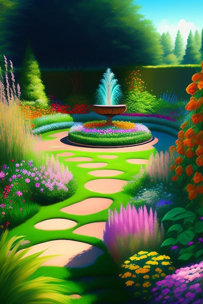 Una pintura de un jardín con una fuente en el medio.