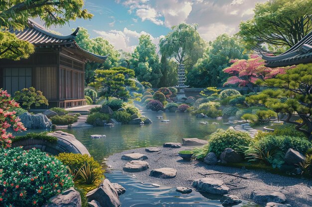 pintura de un jardín japonés con un estanque y una cascada generativa ai