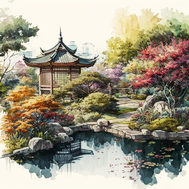 Pintura de un jardín japonés con un estanque y una pagoda generativa ai