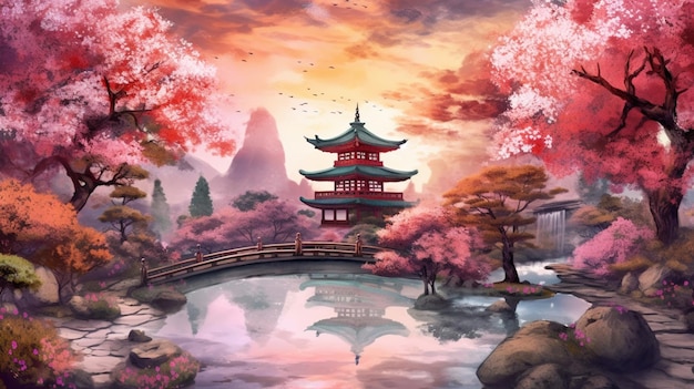 Pintura de un jardín japonés con una pagoda y un estanque generativo ai