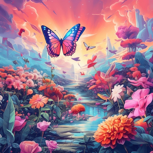 Una pintura de un jardín con una mariposa y un estanque al fondo.