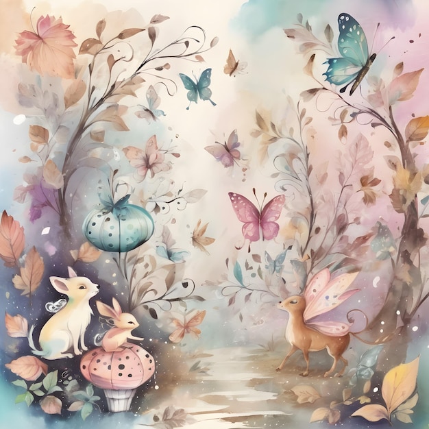 una pintura de un jardín con mariposas y flores