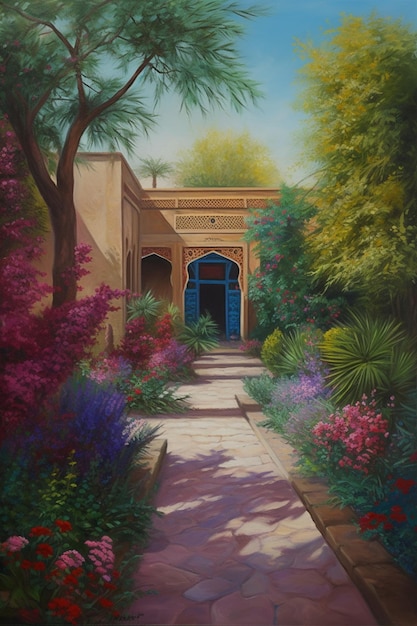 Una pintura de un jardín con una puerta azul y una puerta azul.