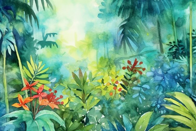 Foto pintura de un jardín tropical con flores y árboles generativo ai